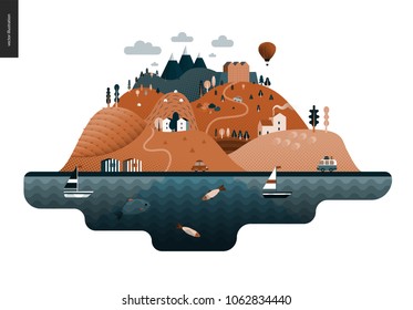 Magical summer landscape - green island with hills, roads, cars, castle, houses and trees, with mountains, balloon and clouds above and waving sea and striped houses on the coast.