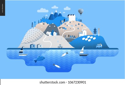 Magical summer landscape - green island with hills, roads, cars, castle, houses and trees, with mountains, balloon and clouds above and waving sea and striped houses on the coast.