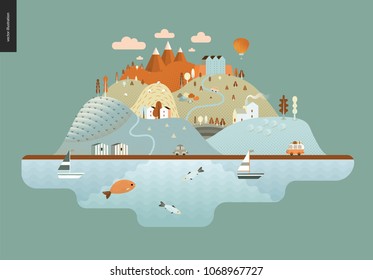 Magical summer landscape - green island with hills, roads, cars, castle, houses and trees, with mountains, balloon and clouds above and waving sea and striped houses on the coast.