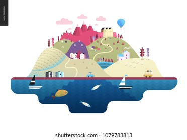 Magical summer landscape - green island with hills, roads, cars, castle, houses and trees, with mountains, balloon and clouds above and waving sea and striped houses on the coast.