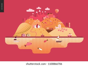 Magical summer landscape - green island with hills, roads, cars, castle, houses and trees, with mountains, balloon and clouds above and waving sea and striped houses on the coast.