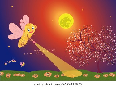 Magical summer night with fireflies and the miraculous lights of the moon. Vector illustration.