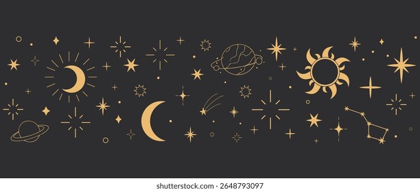 Sol mágico e ícones da lua no estilo silhueta vintage. Use em obras de arte espirituais, logotipos de boho ou tatuagens místicas.
