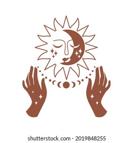 Magical sun silhouette with hand, moon, star in minimal boho style isolated on white background. Celestial vector flat illustration. Mystical design for tattoo, card, web stories