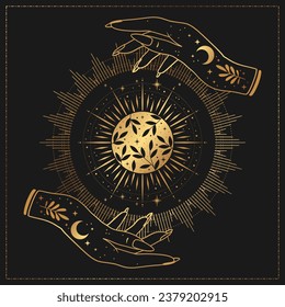 Magical sun and woman hands. Gold and black colors. Alchemy esoteric magic space, vector isolated on gray background.