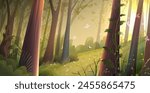 Magical sunlight in forest landscape, empty woodland wallpaper for kids. Cartoon fairytale forest, meadow with trees for kids story or tale. Vector children illustration in watercolor style