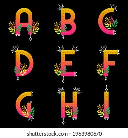 Magical sunrise flourish design alphabet set. Colorful gradient ABC collection. Ethnic style alphabets. Isolated vector letters on black background. Illustration characters.