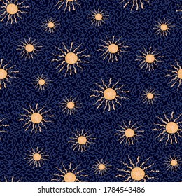 Magical suns on a dark backgorund seamless vector pattern. Surface print design for fabrics, stationery, scrapbook paper, packaging, gift wrap, and packaging.