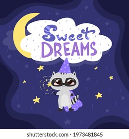 Magical sweet dreams card with cute raccoon with wand, little wizard,starry night with moon