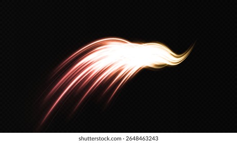 Efeito de rastro de redemoinho mágico. Vórtice de fogo de uma trilha de luz curva. Cometa brilhante e asteroide com trilhas espaciais. Linhas de movimento de velocidade cintilante na estrada noturna.