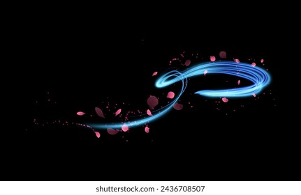 Magical swirl with a trail of sparkling lights and floating pink petals, depicted in a vector illustration ideal for enchanting themes.