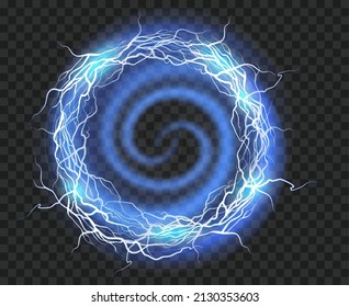 Magical swirling portal. Vector lightning sparkles whirlpool, glowing magic energy ring for games, blue lights glow hole shape power gaming orb