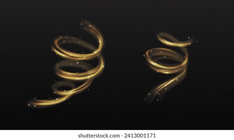 Magical swirls of golden powder and sparks realistic vector illustration set. Dreamlike whirls of glitter 3d elements on transparent background