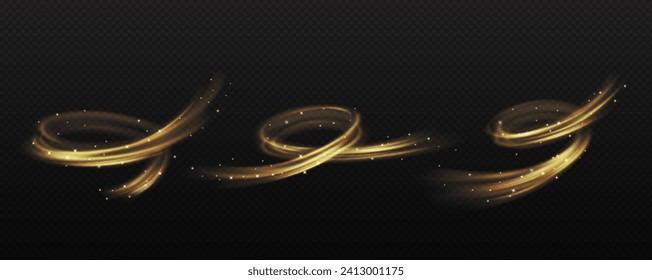 Magical swirls of golden powder and sparks realistic vector illustration set. Dreamlike whirls of glitter 3d elements on transparent background