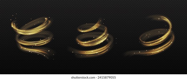 Magical swirls of golden powder and sparks realistic vector illustration set. Dreamlike whirls of glitter 3d elements on transparent background