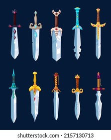 Magical swords, cartoon steel blades, rapier and glavie, sabre, broadsword. Vector dagger and stiletto knight decorated with precious gems, warrior weapon Ui game asset, isolated magic armor