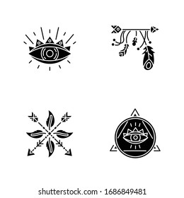 Magical symbols black glyph icons set on white space. Eye of providence, mysterious talisman. Arrow and feathers charms in boho style. Silhouette symbols. Vector isolated illustration