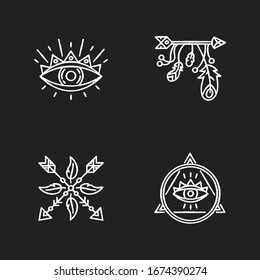 Magical symbols chalk white icons set on black background. Eye of providence, mysterious talisman. Arrow and feathers charms in boho style. Isolated vector chalkboard illustrations