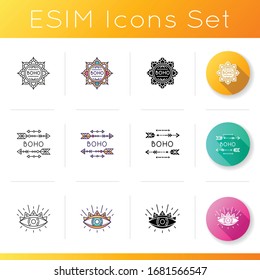 Magical symbols icons set. Eye of providence, mysterious talisman. Mandala, lotus flower. Conspiracy and witchcraft signs. Linear, black and RGB color styles. Isolated vector illustrations