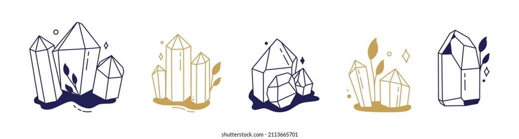 Símbolos mágicos con cristales esotéricos boho místico elementos dibujados a mano cristales de piedra. En oro y azul sobre fondo blanco. Elementos vectoriales mágicos