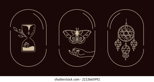 Símbolos mágicos conjunto de doodles esotéricos boho místico elementos dibujados a mano cristales de piedra. En color dorado sobre fondo negro. Elementos vectoriales mágicos