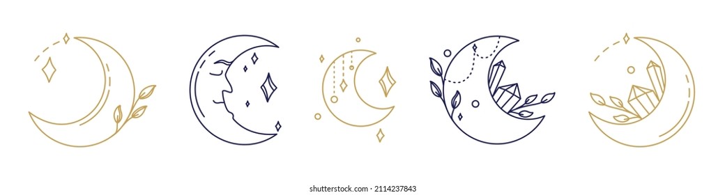 Símbolos mágicos ponen en la luna elementos esotéricos místicos dibujados a mano cristales de piedra. En oro y azul sobre fondo blanco. Elementos vectoriales mágicos