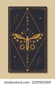 Magical tarot card vector concept. Golden line traditional ornaments. Minimalistic butterfly. Mysticism, magic and esotericism. Cartoon flat vector illustration isolated on beige background