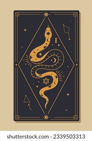 Magical tarot card vector concept. Golden line traditional ornaments. Snake in rhombus. Poster or banner for website. Cartoon flat vector illustration isolated on beige background