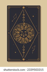Concepto vectorial de tarjeta de tarot mágica. Ornamentos tradicionales de la línea dorada. Resumen del sol minimalista. Plantilla, disposición y burla. Dibujo vectorial plano de dibujos animados aislado en fondo beige