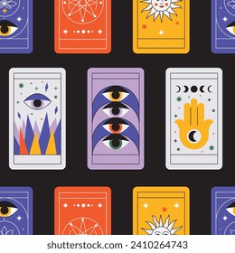 Magical tarot cards deck seamless pattern. Spiritual moon and celestial eye symbols. Vector illustration. Astrology or sacred geometry poster design. Magic occult, esoteric boho modern style isolated