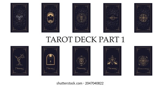 Magical tarot cards deck set. Spiritual moon and celestial eye symbols. Vector illustration. Astrology or sacred geometry poster design. Magic occult pattern, esoteric boho style.