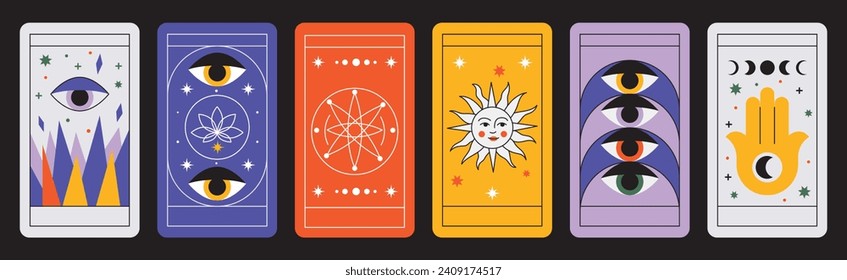 Juego mágico de cartas tarot. Luna espiritual y símbolos celestiales del ojo. Ilustración vectorial. Astrología o diseño de póster de geometría sagrada. Patrón mágico oculto, estilo boho esotérico moderno aislado