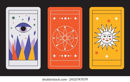 Magical tarot cards deck set. Spiritual moon and celestial eye symbols. Vector illustration. Astrology or sacred geometry poster design. Magic occult pattern, esoteric boho modern style isolated