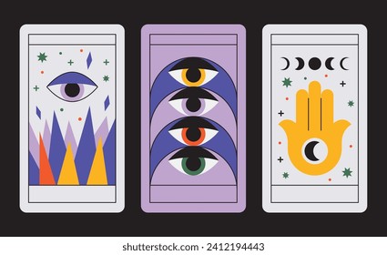 Magical tarot cards deck set. Spiritual moon and celestial eye symbols. Vector illustration. Astrology or sacred geometry poster design. Magic occult pattern, esoteric boho modern style isolated