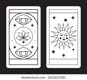 Juego mágico de cartas tarot. Luna espiritual y símbolos celestiales del ojo. Ilustración vectorial. Astrología o diseño de póster de geometría sagrada. Patrón mágico oculto, estilo boho esotérico moderno aislado