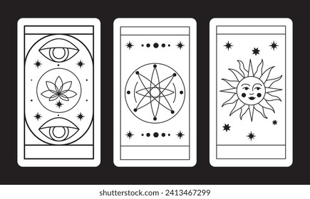 Magical tarot cards deck set. Spiritual moon and celestial eye symbols. Vector illustration. Astrology or sacred geometry poster design. Magic occult pattern, esoteric boho modern style isolated