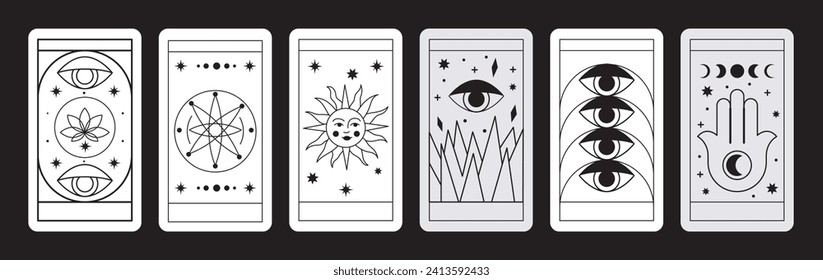 Magical tarot cards deck set. Spiritual moon and celestial eye symbols. Vector illustration. Astrology or sacred geometry poster design. Magic occult pattern, esoteric boho modern style isolated