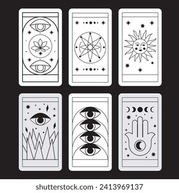 Magical tarot cards deck set. Spiritual moon and celestial eye symbols. Vector illustration. Astrology or sacred geometry poster design. Magic occult pattern, esoteric boho modern style isolated