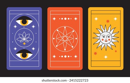 Juego mágico de cartas tarot. Luna espiritual y símbolos celestiales del ojo. Ilustración vectorial. Astrología o diseño de póster de geometría sagrada. Patrón mágico oculto, estilo boho esotérico moderno aislado