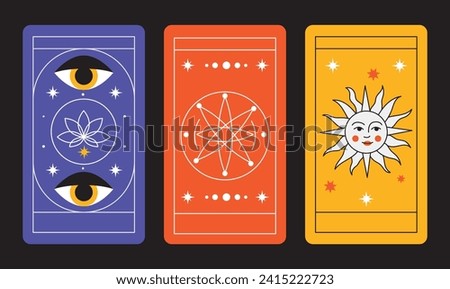 Magical tarot cards deck set. Spiritual moon and celestial eye symbols. Vector illustration. Astrology or sacred geometry poster design. Magic occult pattern, esoteric boho modern style isolated