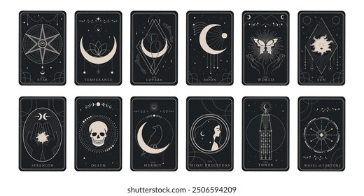 Magical tarot cards design set of Major Arcana symbols. Tarot symbolism. Mystery, astrology, alchemy. Vector illustration