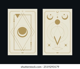 Cartas de tarô mágicas com formas geométricas, estrelas e crescentes. Mistério, astrologia, alquimia. Ilustração vetorial