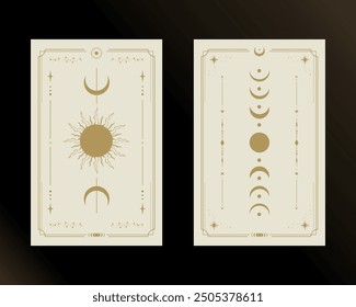 Magical tarot cards Sun and Moon in golden and white colors. Mystery, astrology, alchemy. Vector illustration