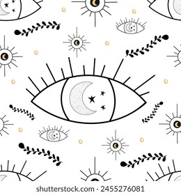 Magical tarot eye pattern with moon and stars in eyeball on white isolated background. Minimalistic, strict lines of esoteric symbol in vector doodle style. For wallpaper, wrapping paper, tarot decor.
