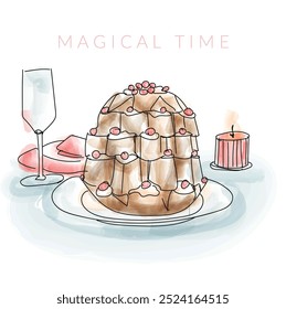 magical time, celebrating the moment, festive time, dinner, delicious cake, wine - vector illustration