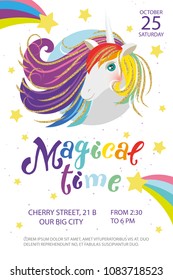 Magical Time - Party, Birthday Invitation Template With Rainbow Unicorn Illustration And Lettering