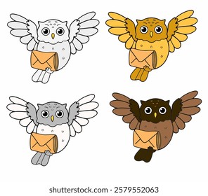 A magical tiny owl bird night post letter messenger vector illustration featuring color variations. Perfect for wizardry design packs, enchanted branding sets, and fantasy illustration bundles.