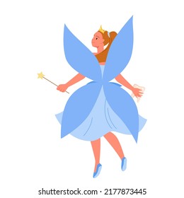 Magical tooth fairy carrying tooth. Dental princess collecting fallen out teeth, childhood fairytale, night myth, flying fairy in dress and crown, teeth care hygiene vector illustration