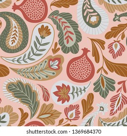 Magical Traditional Paisleys Seamless Pattern for fabric design or wallpaper. Hand-drawn textile print in pink and beige colors.  Vector illustration.