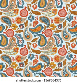 Magical Traditional Paisleys Seamless Pattern for fabric design or wallpaper. Hand-drawn textile print in pink and beige colors.  Vector illustration.